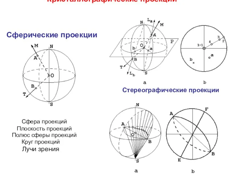 Кристаллографические проекции Сферические проекции Стереографические проекции Сфера проекций Плоскость проекций