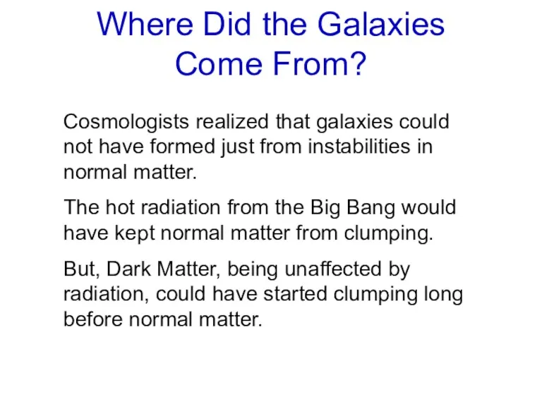 Cosmologists realized that galaxies could not have formed just from
