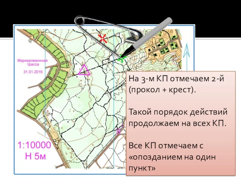 На 3-м КП отмечаем 2-й (прокол + крест). Такой порядок