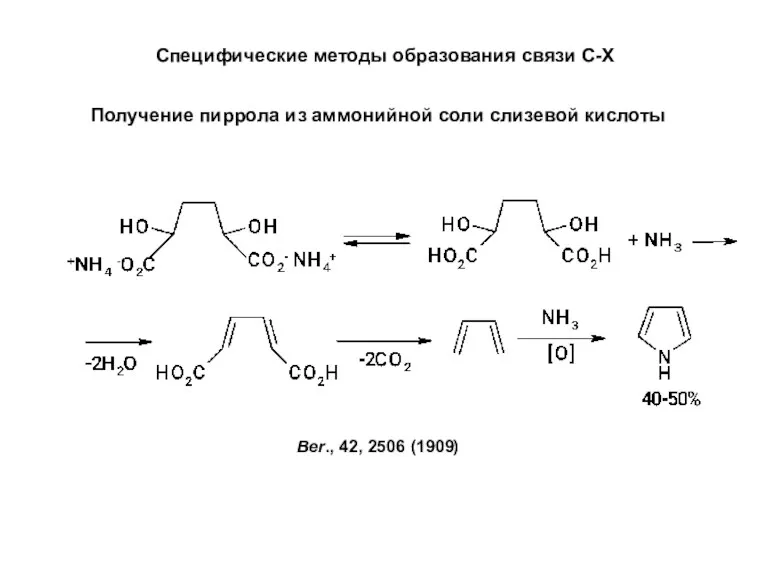 Специфические методы образования связи C-X Получение пиррола из аммонийной соли слизевой кислоты Ber., 42, 2506 (1909)