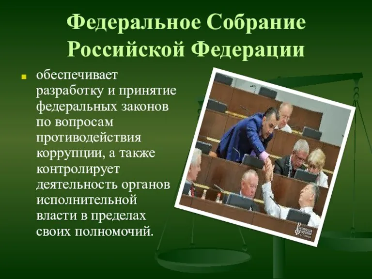 Федеральное Собрание Российской Федерации обеспечивает разработку и принятие федеральных законов