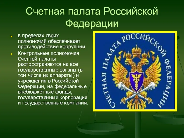 Счетная палата Российской Федерации в пределах своих полномочий обеспечивает противодействие