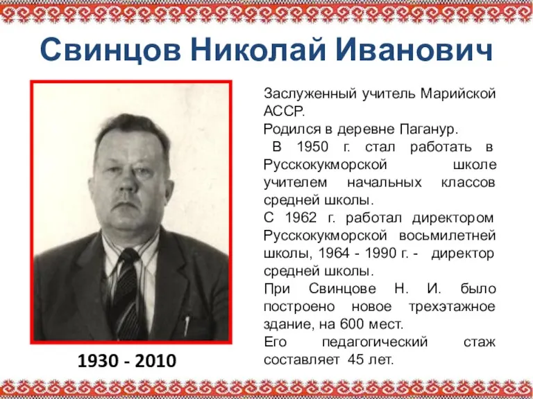 Свинцов Николай Иванович Заслуженный учитель Марийской АССР. Родился в деревне Паганур. В 1950