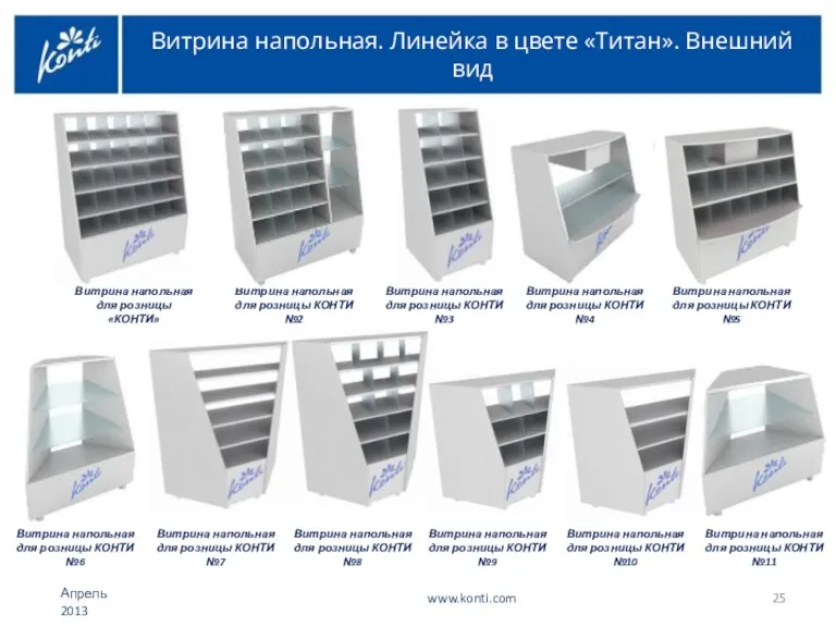 Витрина напольная. Линейка в цвете «Титан». Внешний вид www.konti.com Апрель