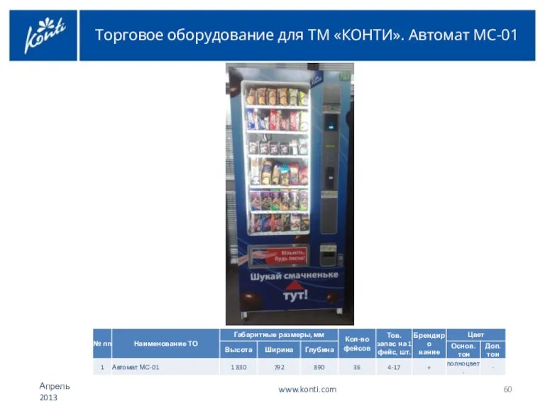 Торговое оборудование для ТМ «КОНТИ». Автомат МС-01 www.konti.com Апрель 2013