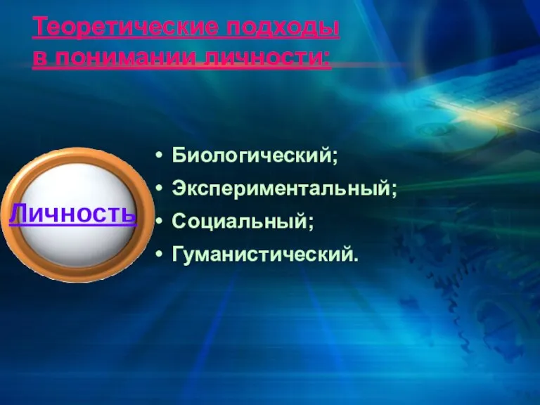 Теоретические подходы в понимании личности: Биологический; Экспериментальный; Социальный; Гуманистический. Личность