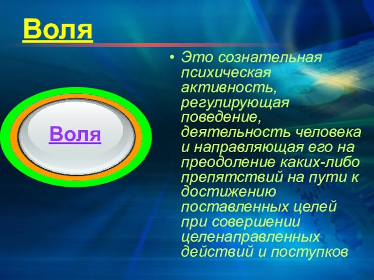 Воля Это сознательная психическая активность, регулирующая поведение, деятельность человека и