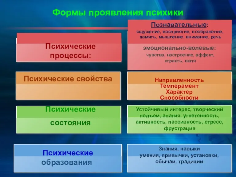 Формы проявления психики Психические образования Психические состояния Психические процессы: эмоционально-волевые: