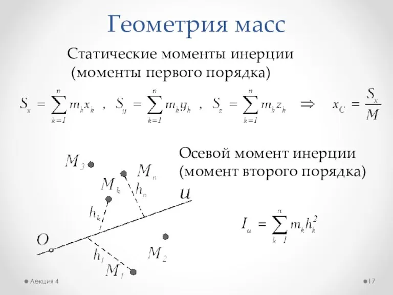 Геометрия масс Лекция 4 Статические моменты инерции (моменты первого порядка) Осевой момент инерции (момент второго порядка)