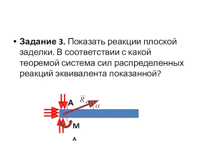 Задание 3. Показать реакции плоской заделки. В соответствии с какой