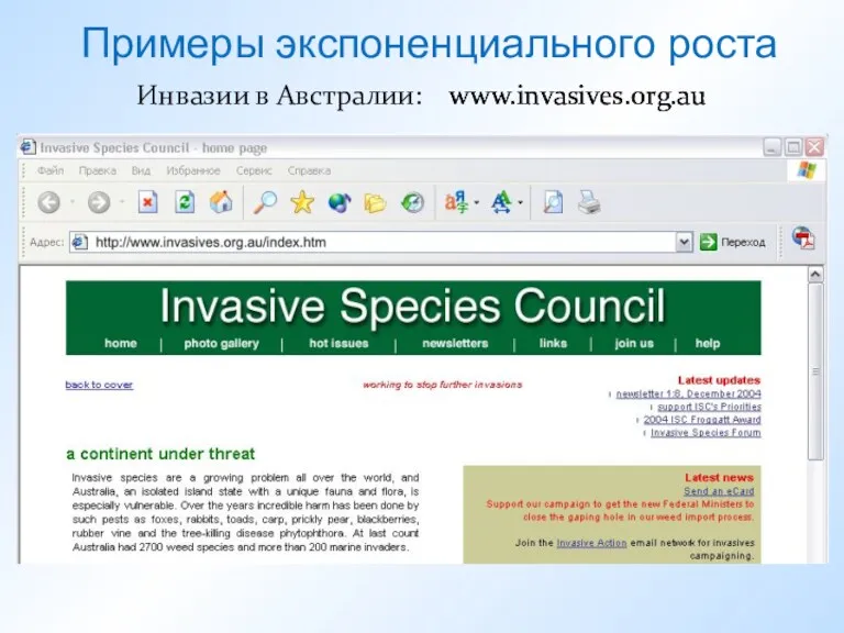 www.invasives.org.au Примеры экспоненциального роста Инвазии в Австралии: www.invasives.org.au