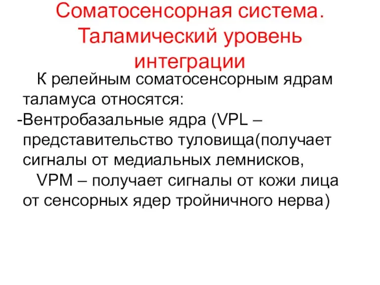 Соматосенсорная система. Таламический уровень интеграции К релейным соматосенсорным ядрам таламуса