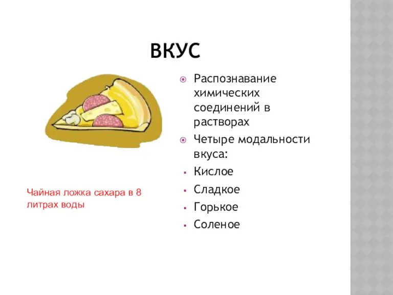 ВКУС Распознавание химических соединений в растворах Четыре модальности вкуса: Кислое Сладкое Горькое Соленое