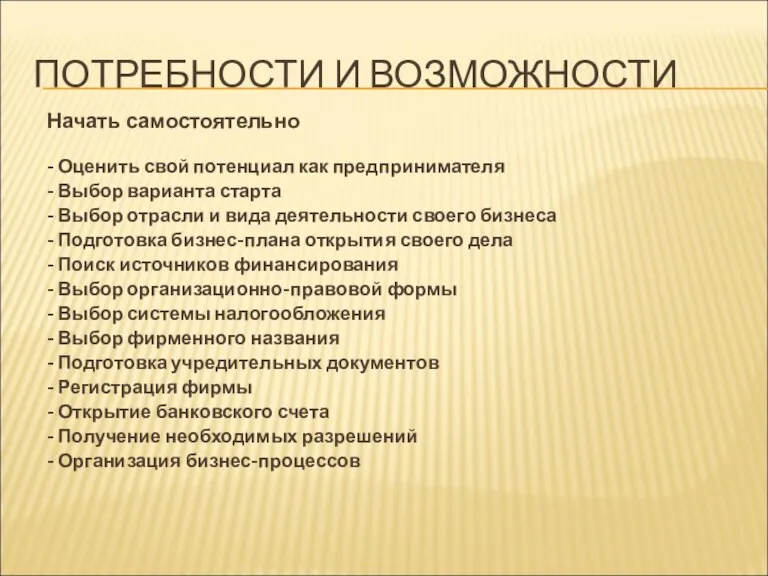 ПОТРЕБНОСТИ И ВОЗМОЖНОСТИ Начать самостоятельно - Оценить свой потенциал как