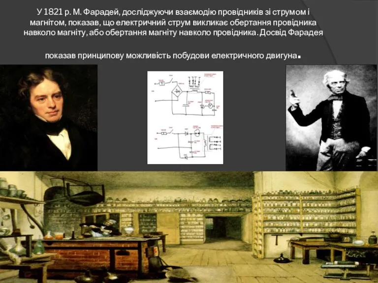 У 1821 р. М. Фарадей, досліджуючи взаємодію провідників зі струмом