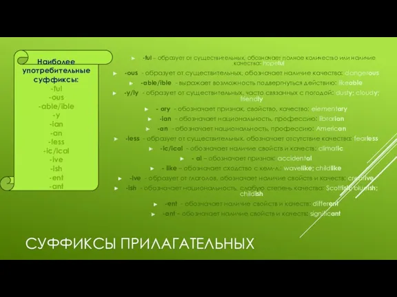 СУФФИКСЫ ПРИЛАГАТЕЛЬНЫХ -ful – образует от существительных, обозначает полное количество