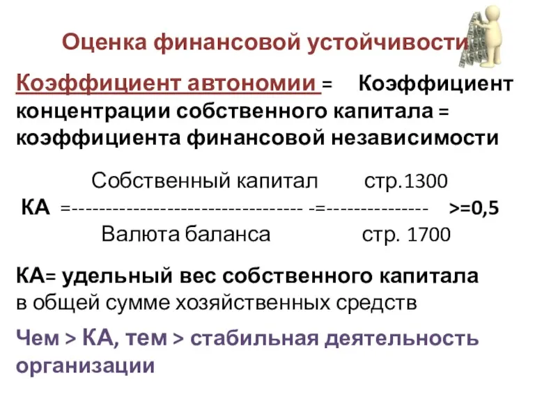 Оценка финансовой устойчивости Коэффициент автономии = Коэффициент концентрации собственного капитала