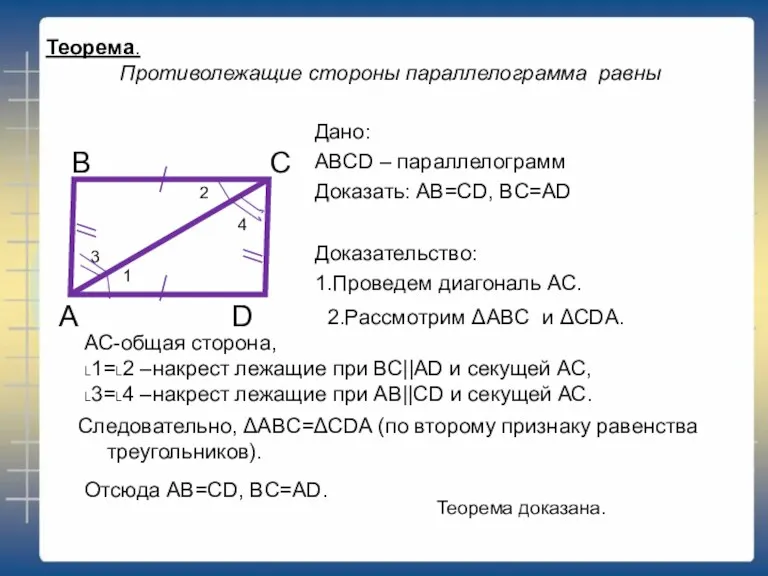 Теорема. Противолежащие стороны параллелограмма равны Дано: ABCD – параллелограмм Доказать: AB=CD, BC=AD А