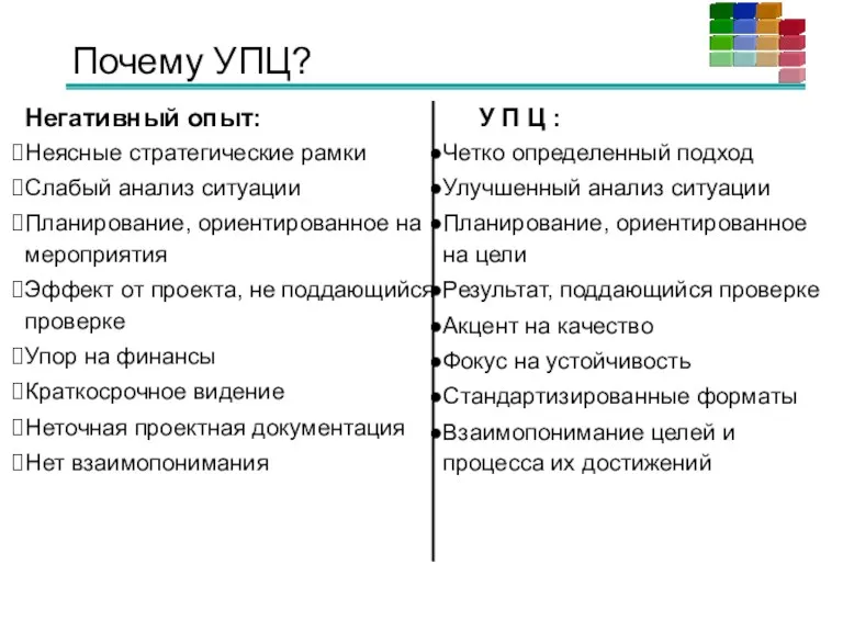 Почему УПЦ? Негативный опыт: Неясные стратегические рамки Слабый анализ ситуации Планирование, ориентированное на