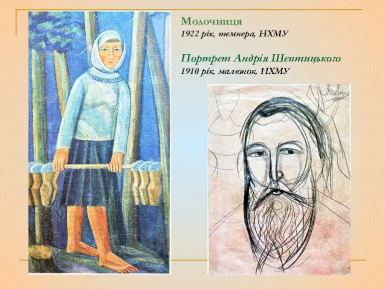 Молочниця 1922 рік, темпера, НХМУ Портрет Андрія Шептицького 1910 рік, малюнок, НХМУ