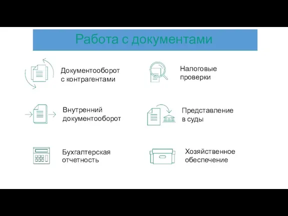 Документооборот с контрагентами Налоговые проверки Внутренний документооборот Бухгалтерская отчетность Представление в суды Хозяйственное обеспечение