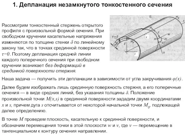 1. Депланация незамкнутого тонкостенного сечения Рассмотрим тонкостенный стержень открытого профиля