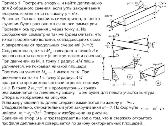 Пример 1: Построить эпюру ω и найти депланацию для Ζ-образного