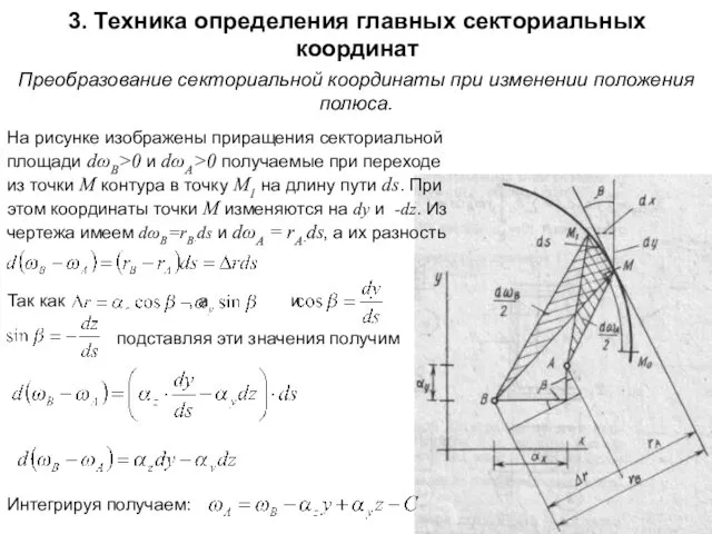 Преобразование секториальной координаты при изменении положения полюса. На рисунке изображены