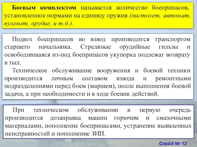 Слайд № 12 Боевым комплектом называется количество боеприпасов, установленное нормами