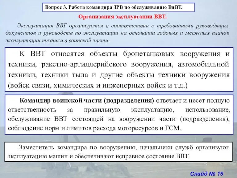 Слайд № 15 Вопрос 3. Работа командира ЗРВ по обслуживанию