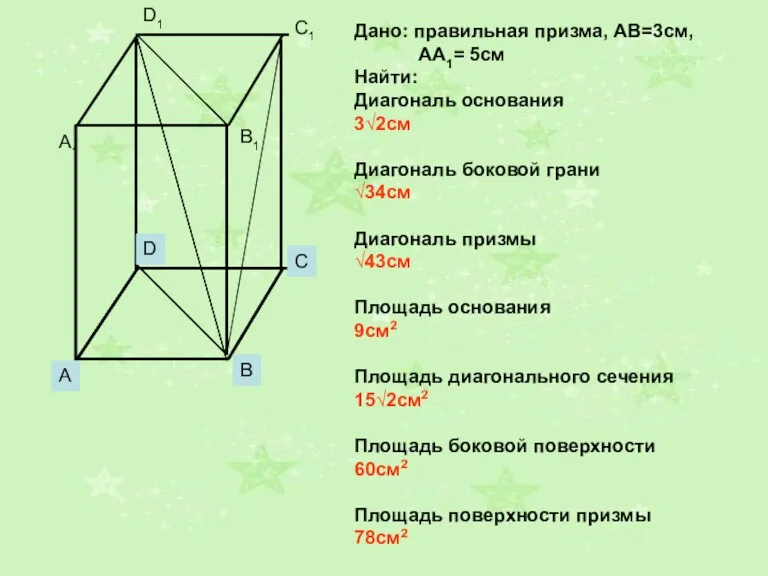 Дано: правильная призма, АВ=3см, АА1= 5см Найти: Диагональ основания 3√2см Диагональ боковой грани