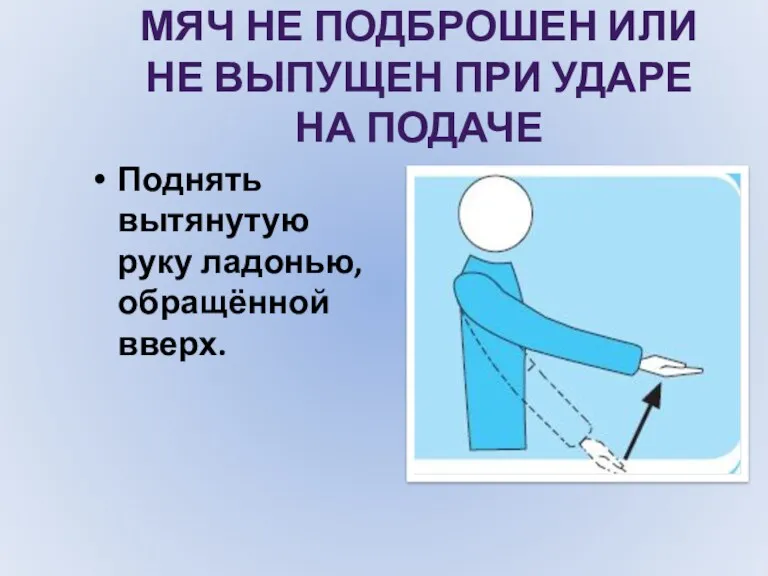 МЯЧ НЕ ПОДБРОШЕН ИЛИ НЕ ВЫПУЩЕН ПРИ УДАРЕ НА ПОДАЧЕ Поднять вытянутую руку ладонью, обращённой вверх.