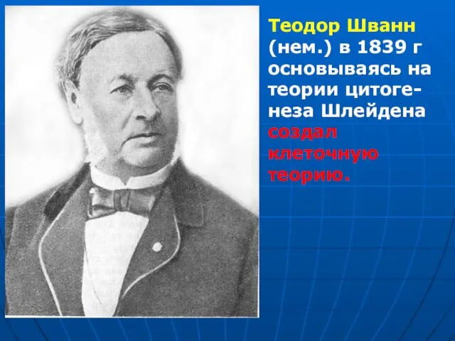 Теодор Шванн (нем.) в 1839 г основываясь на теории цитоге-неза Шлейдена создал клеточную теорию.