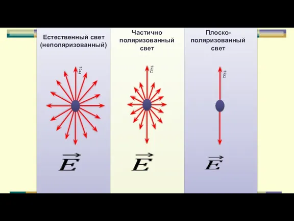 Естественный свет (неполяризованный) Частично поляризованный свет Плоско-поляризованный свет