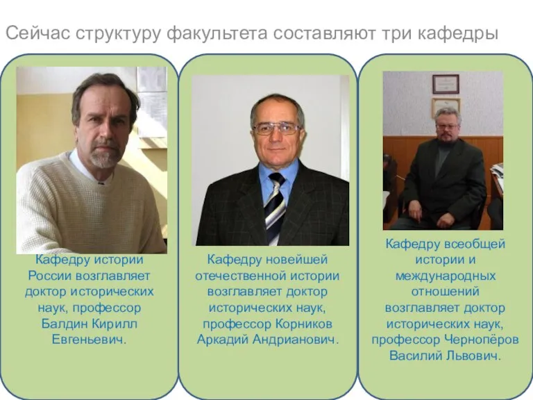 Сейчас структуру факультета составляют три кафедры Кафедру истории России возглавляет