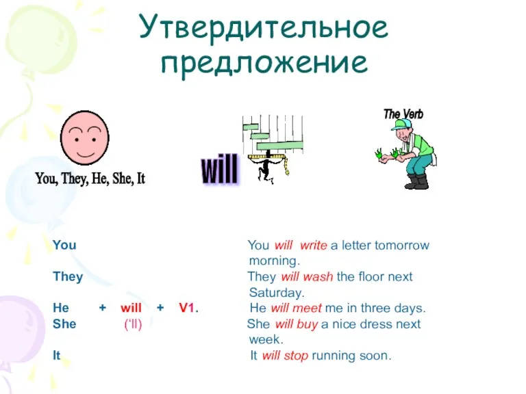 The Verb Утвердительное предложение You You will write a letter