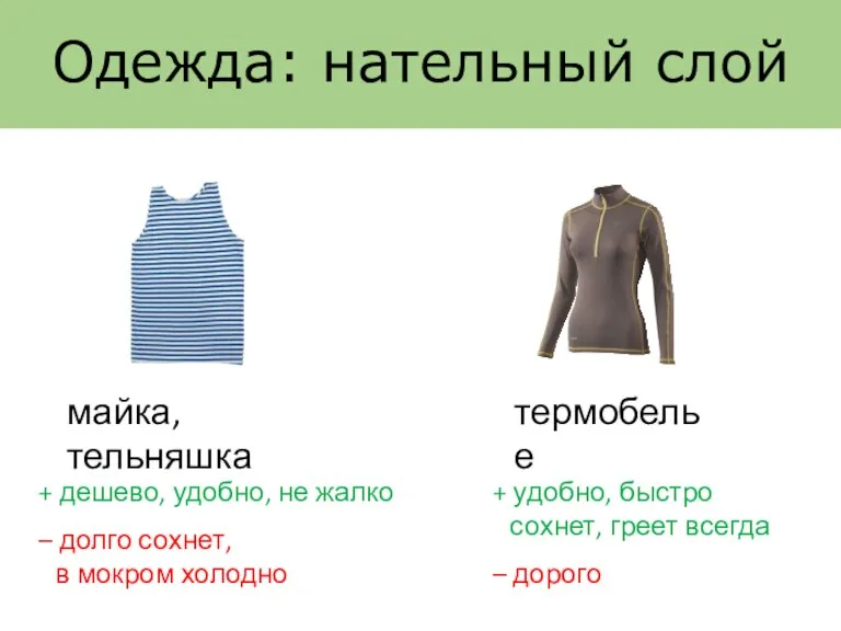 Одежда: нательный слой майка, тельняшка термобелье + дешево, удобно, не