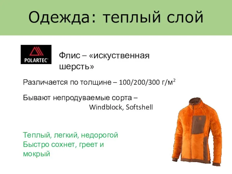 Одежда: теплый слой Флис – «искуственная шерсть» Бывают непродуваемые сорта