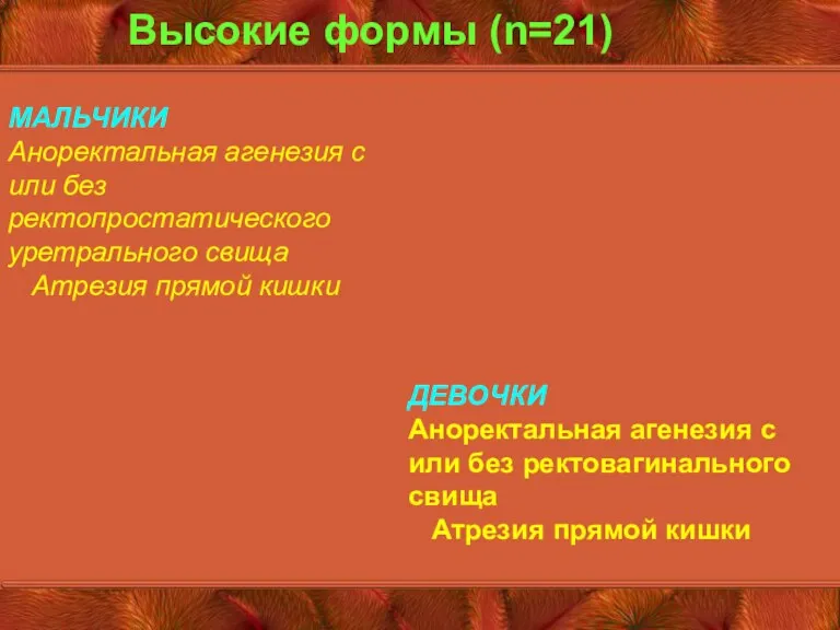 Высокие формы (n=21) МАЛЬЧИКИ Аноректальная агенезия с или без ректопростатического