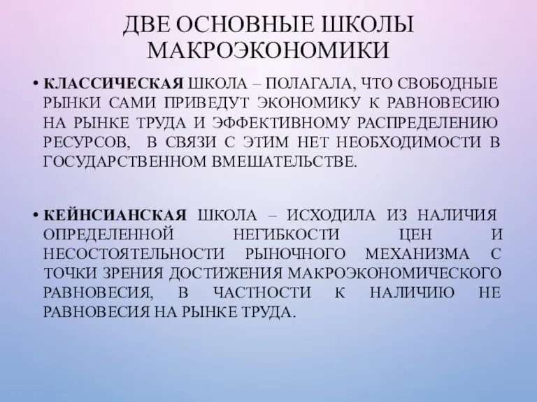 ДВЕ ОСНОВНЫЕ ШКОЛЫ МАКРОЭКОНОМИКИ КЛАССИЧЕСКАЯ ШКОЛА – ПОЛАГАЛА, ЧТО СВОБОДНЫЕ