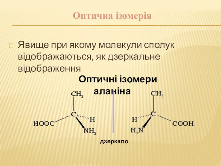 Оптична ізомерія Явище при якому молекули сполук відображаються, як дзеркальне відображення Оптичні ізомери аланіна дзеркало