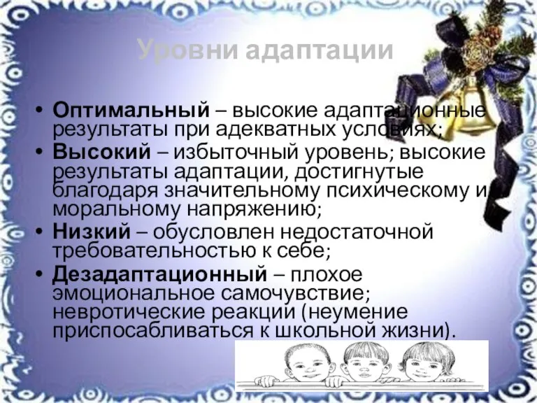 Уровни адаптации: Оптимальный – высокие адаптационные результаты при адекватных условиях;