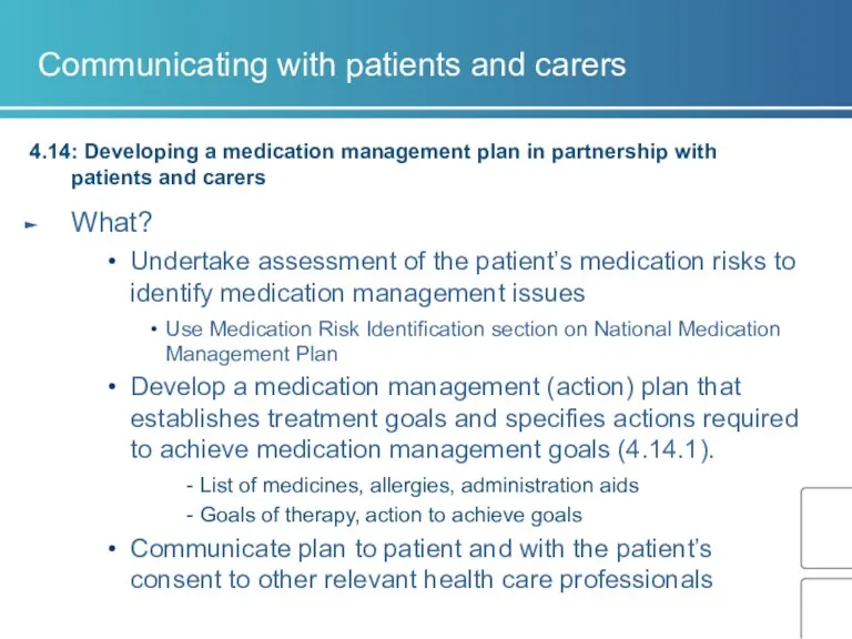 Communicating with patients and carers 4.14: Developing a medication management plan in partnership