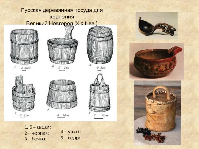 1, 5 – кадки; 2 – черпак; 3 – бочка;