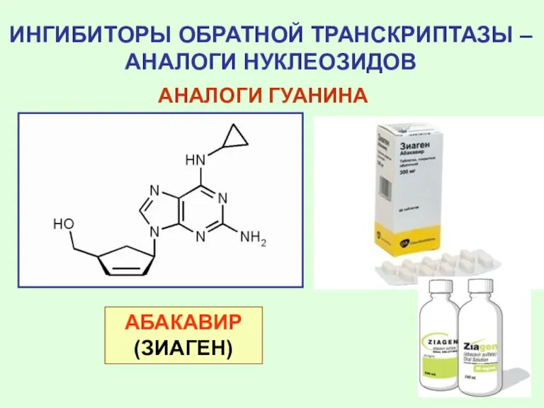 ИНГИБИТОРЫ ОБРАТНОЙ ТРАНСКРИПТАЗЫ – АНАЛОГИ НУКЛЕОЗИДОВ АНАЛОГИ ГУАНИНА АБАКАВИР (ЗИАГЕН)