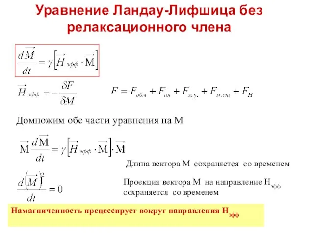 Уравнение Ландау-Лифшица без релаксационного члена Домножим обе части уравнения на М Длина вектора