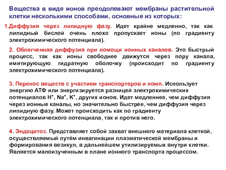 Вещества в виде ионов преодолевают мембраны растительной клетки несколькими способами,