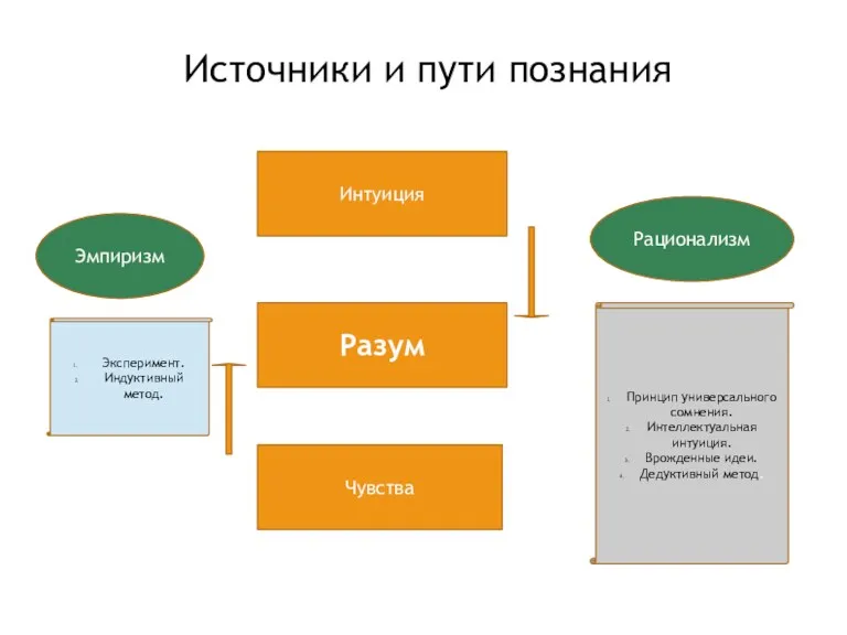 Источники и пути познанияя Интуиция Разум Чувства Рационализм Эмпиризм Эксперимент.