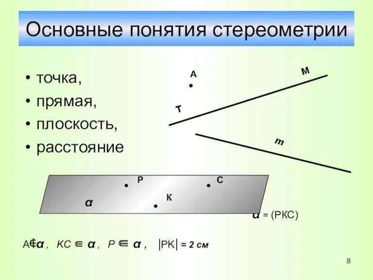 Основные понятия стереометрии точка, прямая, плоскость, расстояние α = (РКС)
