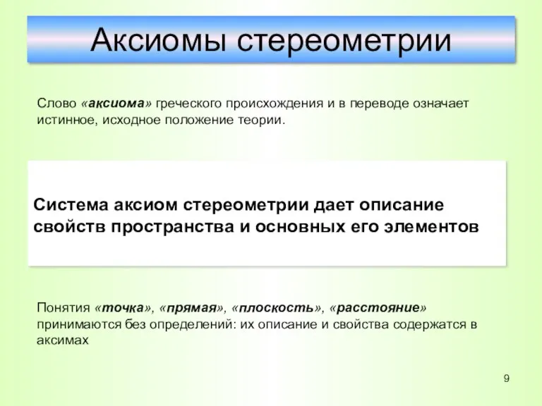 Аксиомы стереометрии Слово «аксиома» греческого происхождения и в переводе означает истинное, исходное положение